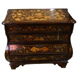 An 18th century Dutch Marquetry four drawer bombe chest, height 76cm, width 91cm, depth 51cm