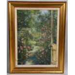 Lynette Hemmant, the artist's garden, circa 1992, oil on board, 55cm x 40cm, framed Good