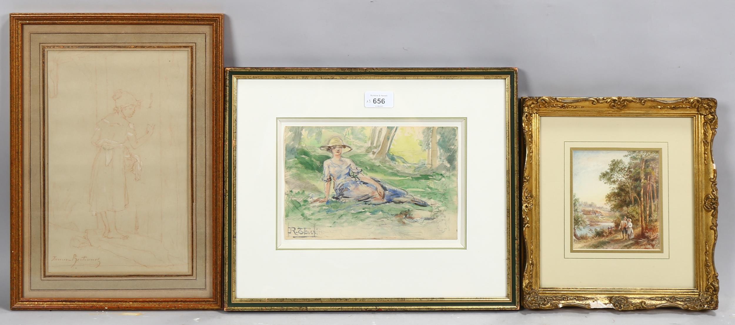 2 watercolours plus 1 sanguine chalk drawing, various subjects, all signed, framed (3) Good