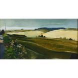 Manner of George Spencer Watson, extensive landscape, oil on board, unsigned, 26cm x 49cm, framed