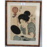 Utigawa Kunisada, Japanese woodblock print, woman applying make-up, 34cm x 25cm, framed Slight paper
