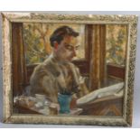 Mid-20th century portrait of an artist, oil on canvas laid on board, signed with monogram RRB 48,