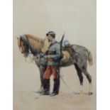 19th century watercolour portrait of a French Cavalry Officer and horse, signed with indistinct