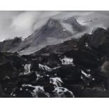 Kyffin Williams (1918 - 2006), waterfall below Idwal, watercolour/ink, signed with monogram, 39cm