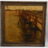 Attributed to Jacob Epstein (1880 - 1959), the wooden bridge, oil on canvas, indistinct inscriptions