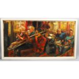 Large contemporary study of a jazz band, oil on board, signed with monogram FVB? '04, framed,