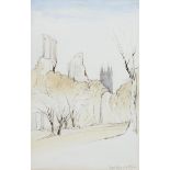 Manner of Edward Lear, Glastonbury with St John's Tower, watercolour/ink on paper, unsigned with