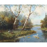 Mid-20th century lake scene with ducks and ducklings, oil on canvas, indistinctly signed, 40cm x