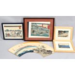 A group of Japanese woodblock prints, comprising 1 fan-shaped landscape, width 54cm, and 4 other