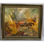 20th century abstract composition, oil on board, signed with monogram J '69, 54cm x 63cm, framed