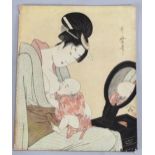 Kitagawa, Japanese woodblock print, woman nursing a baby, 26cm x 21cm, unframed Slight paper