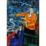 Valetin De Zubiaurre (1879 - 1963), fishermen at sea, enamel painting circa 1940s, 13cm x 9cm,