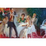 Alfred Laurent, drama at dinner, acrylic on board, book illustration, signed, 27cm x 40cm, framed