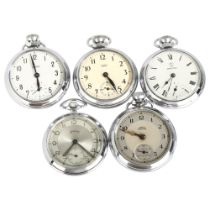 5 chrome plated open-face keyless pocket watches, including Smiths, Empire and Services (5) Lot sold