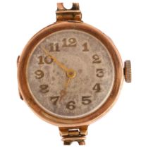 An early 20th century 9ct rose gold mechanical bracelet watch, silvered dial with applied gilt