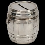 A late Victorian novelty silver barrel design money box with hinged lid, Saunders & Shepherd,