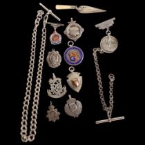 A mixed group of items, including 2 silver fob chains, 9 various silver and enamel fobs and