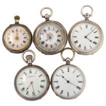 5 Continental silver fob watches, including Waltham example, largest case width 38mm (5) Lot sold as