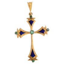 A Continental 18ct gold emerald and blue enamel cross drop pendant, height 48.1mm, 5.6g No damage or