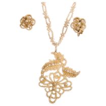 A Victorian seed pearl and mother-of-pearl openwork pendant necklace and pair of earrings set,