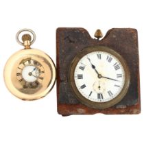 An early 20th century gold plated half hunter keyless pocket watch, and a leather-cased travelling