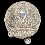 Victorian silver ball-shaped string box, relief embossed decoration, William Comyns, London 1892,