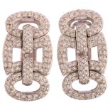 A pair of modern 18ct white gold diamond panel earrings, geometric design with square and oval