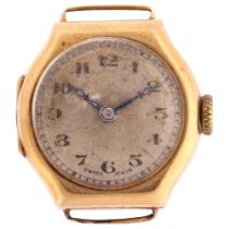 A lady's 9ct gold mechanical wristwatch head, silvered dial with Arabic numerals and blued steel