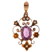 An Edwardian 9ct rose gold amethyst and pearl openwork pendant, height 36.4mm, 2.1g No damage or