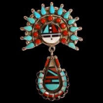 A Native American silver drop pendant brooch, Zuni (Leo Poblano), inlaid with jet coral mother-of-