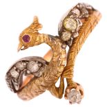 An Austro-Hungarian gold ruby and diamond figural phoenix bird ring, set with cabochon ruby eye