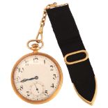 An Art Deco style 9ct rose gold open-face keyless pocket watch, silvered dial with hand painted