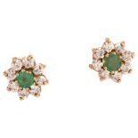 A pair of emerald and diamond flowerhead cluster earrings, unmarked gold settings with stud