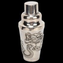 A Chinese heavy gauge silver cocktail shaker, the body having relief moulded dragon, by Wang Hing,