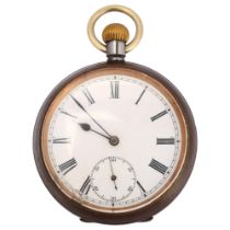 An early 20th century gun-metal open-face keyless pocket watch, white enamel dial with Roman numeral