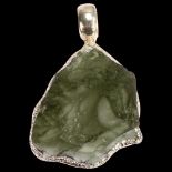 A moldavite natural green glass and silver-mounted pendant, length excluding bale 37mm, modern
