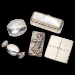 A group of 4 modern novelty silver boxes, and a sterling silver 4-section pillbox, 4.5cm across (
