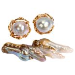 SWEDISH JEWELER - a Swedish 14ct gold mounted baroque pearl and diamond matching brooch and