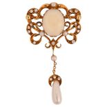 A 14ct gold opal pearl and diamond openwork drop pendant/brooch, in Art Nouveau style, height 50.