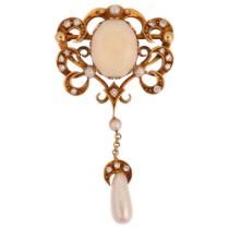 A 14ct gold opal pearl and diamond openwork drop pendant/brooch, in Art Nouveau style, height 50.