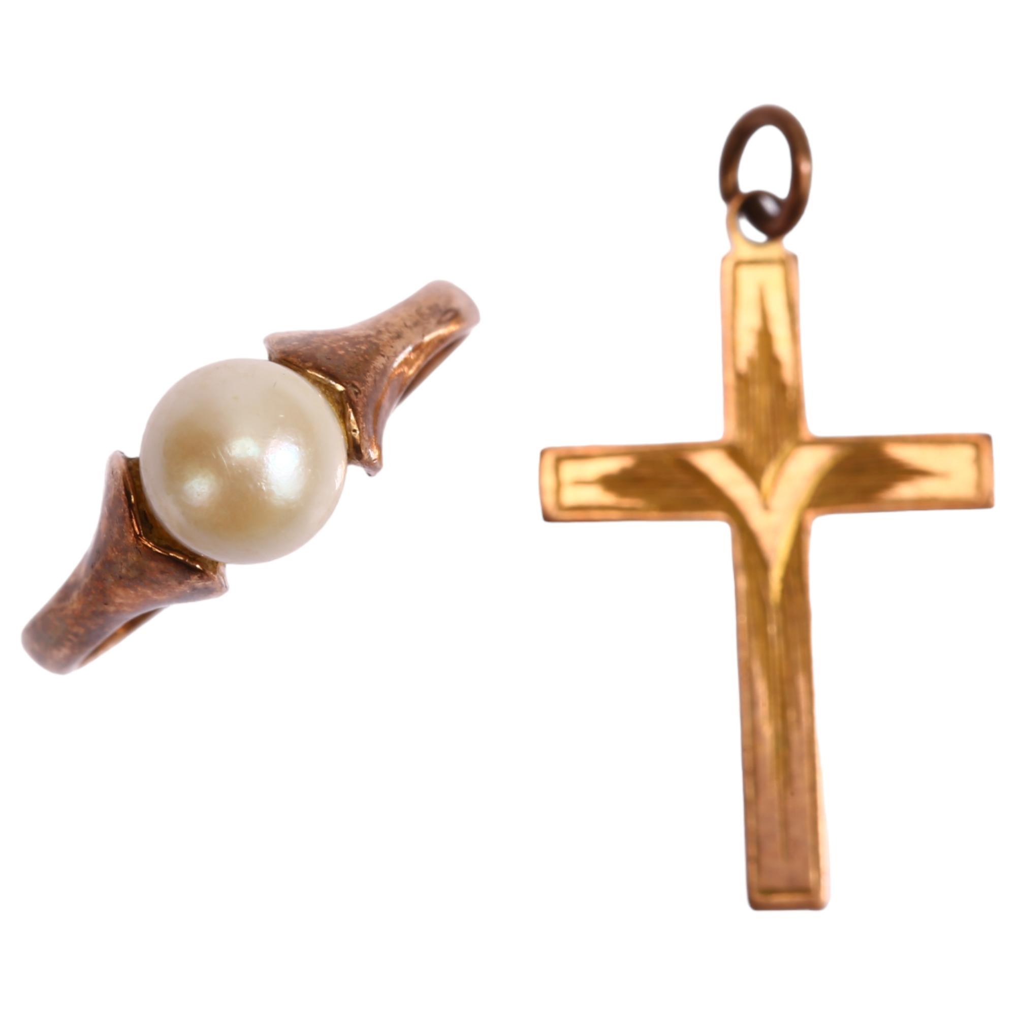 A 9ct gold cultured pearl ring, and 9ct cross pendant, ring size M, 3.6g total (2) No damage or
