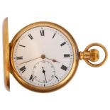 An early 20th century 18ct gold full hunter keyless pocket watch, white enamel dial with Roman