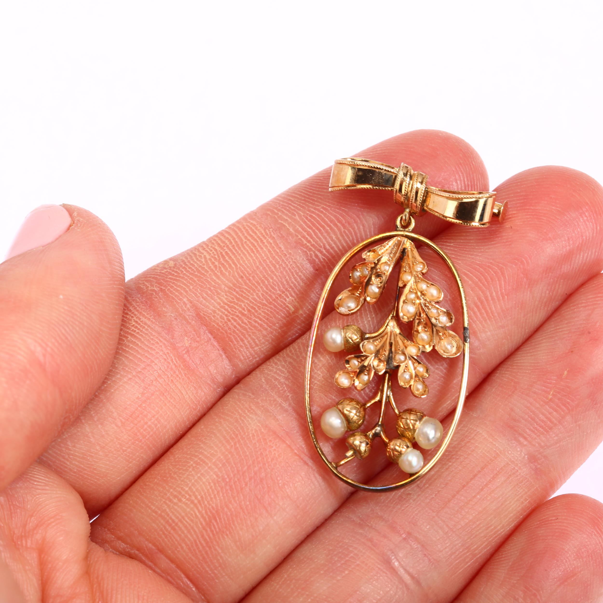 A 14ct gold pearl acorn drop brooch, and an Edwardian 9ct gold openwork pendant, brooch height 35. - Image 3 of 3