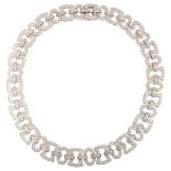 A modern 18ct white gold diamond panel necklace, geometric design with square and oval panels, set