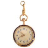 A Continental gold diamond and blue enamel fob dress watch, cream enamel dial with hand painted blue