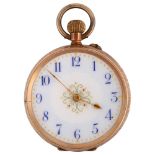 A Continental 9ct rose gold open-face keyless fob watch, circa 1900, white enamel dial with hand