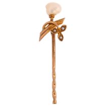 MURRLE BENNETT & CO - Art Nouveau 9ct gold baroque and split pearl stickpin, head 12.7mm, overall