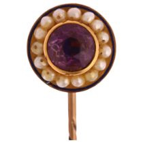A Victorian amethyst pearl and blue enamel stickpin, unmarked gold settings, head 14.4mm, overall