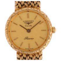 LONGINES - a lady's 9ct gold Presence quartz bracelet watch, ref. 24.496.888, champagne dial with