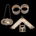 2 silver napkin rings, a silver Whisky decanter label, and a silver Masonic jewel, 5.24oz gross